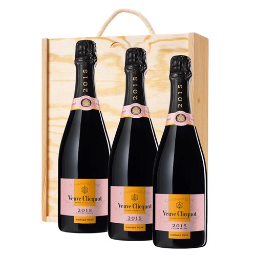 3 x Veuve Clicquot Vintage Rose 2015 Champagne 75cl Treble Wooden Gift Boxed Champagne